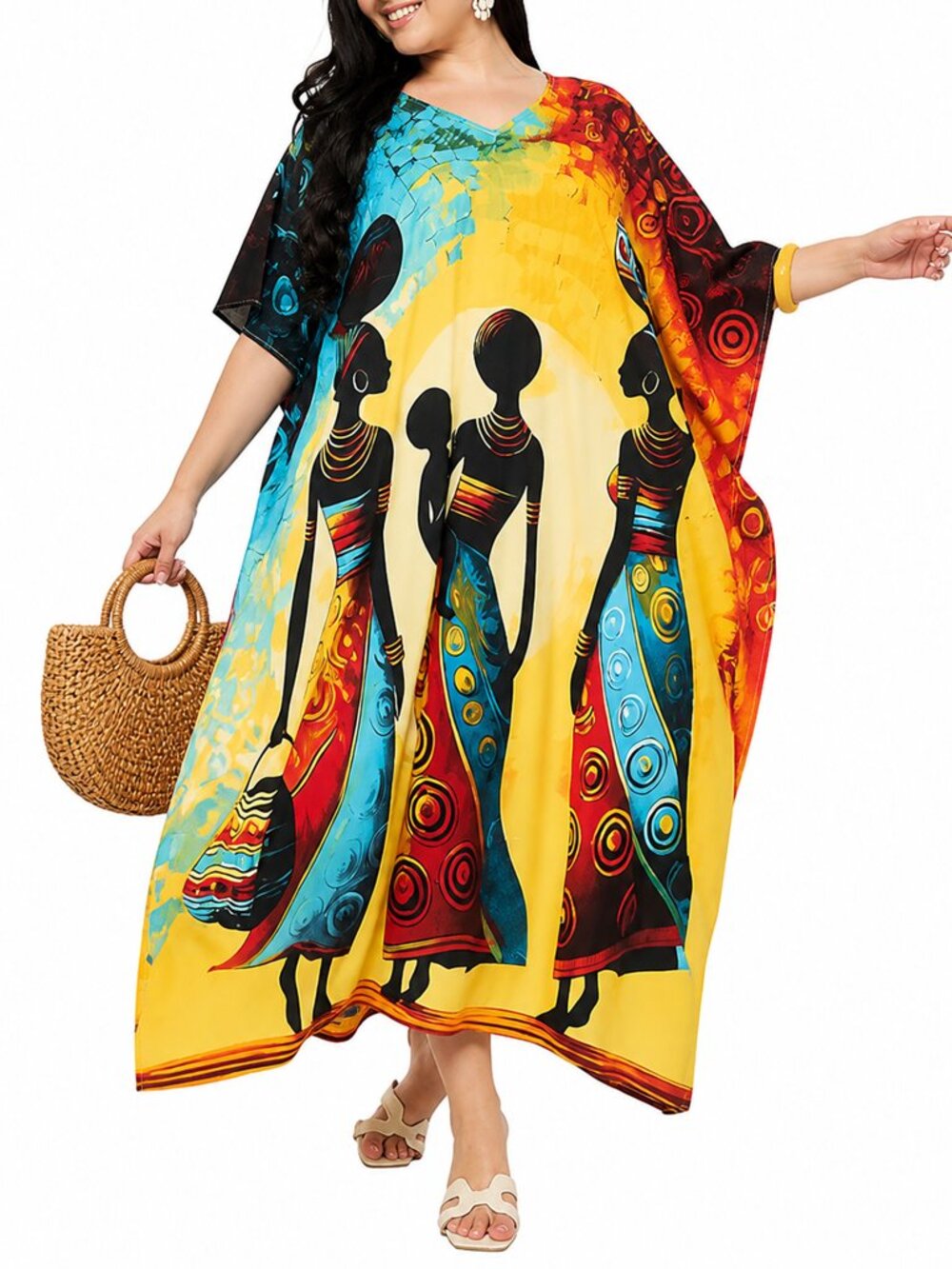 Lady Tribal Printed Polyester Plus Size Caftan Dress Summer Wear Maxi Dresses